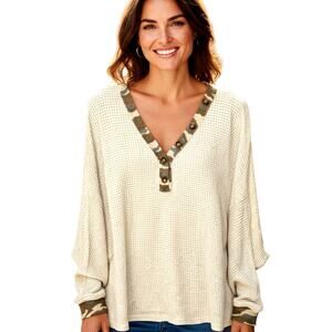 Andthewhy Large Beige Camo Trim Women's Long Sleeve Top Shirt Misses Size 12 14